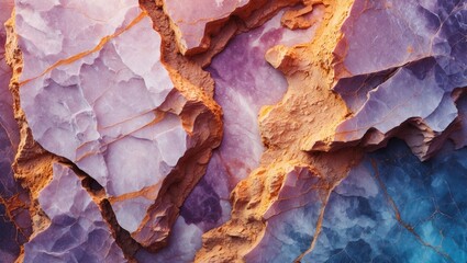 Poster - Colorful abstract rock texture with purple and orange layers and irregular cracks in mineral surface. Detailed geological pattern.