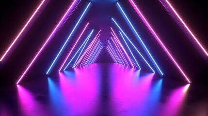 Poster - Glowing neon lights in a dark triangular tunnel design