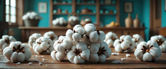 Wall Mural - Cotton bolls arranged on a wooden table with a colorful backdrop in vintage interior setting