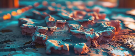 Poster - Close-up of textured surface with abstract organic shapes in vivid colors and intricate details under soft lighting effects