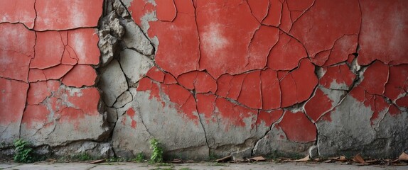 Poster - Cracked red wall with peeling paint and exposed concrete, showing texture and deterioration over time in urban environment