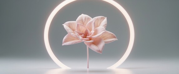 Poster - Delicate pink flower illuminated by circular light on neutral background artistic floral photography