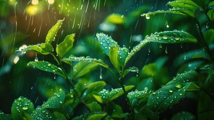 Poster - Close-up of green leaves with water droplets during rain in a lush garden setting with natural light and blurred background