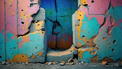 Poster - Colorful abstract wall with cracked concrete surfaces and peeling paint in shades of pink, blue, and orange texture design