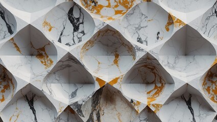 Aufkleber - Abstract geometric wall design featuring textured marble patterns in white, black, and gold tones with a three-dimensional effect.
