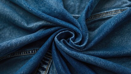 Poster - Blue denim fabric texture in spiral formation close up macro shot detailed textile background.