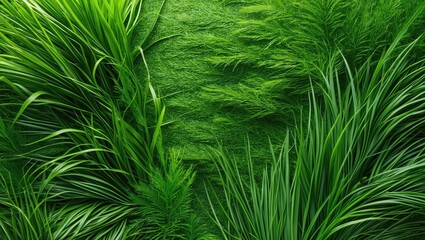 Poster - Lush green grass and leaves texture with blurred background of greenery in vibrant tones for natural design elements
