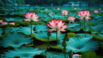 Poster - Lotus flowers blooming on water surface surrounded by large green leaves in tranquil pond setting under soft natural light