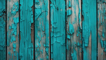 Poster - Textured old wooden boards with peeling turquoise paint in a rustic pattern