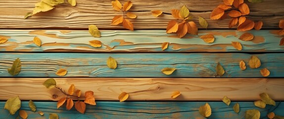 Poster - Autumn leaves scattered on colorful wooden surface with blue and natural wood tones creating a textured background