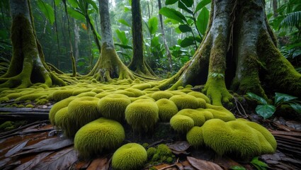Poster - Lush green moss covering tree roots in a dense tropical rainforest environment with rich foliage and soft lighting