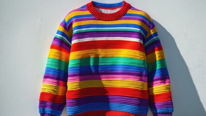 Poster - Colorful striped knit sweater hanging against a plain background showcasing a vibrant pattern of horizontal stripes in various colors.