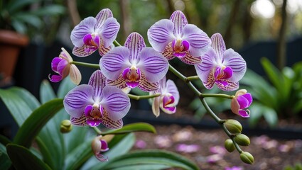 Poster - Purple orchid flowers with intricate patterns on petals close-up against a blurred green background