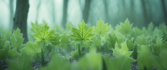 Poster - Fresh green maple leaves emerging from the ground in a tranquil forest scene with soft focus background and ambient light.