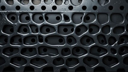 Poster - Close-up texture of black material with irregular holes and water droplets, featuring a glossy finish and abstract organic pattern.