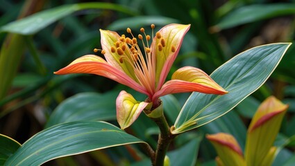 Poster - Tropical flower with vibrant petals and lush green leaves in natural environment close-up photography