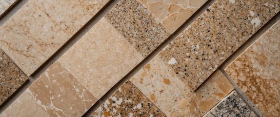 Poster - Textured marble and stone tiles arranged in a herringbone pattern showcasing various shades of beige and brown tones