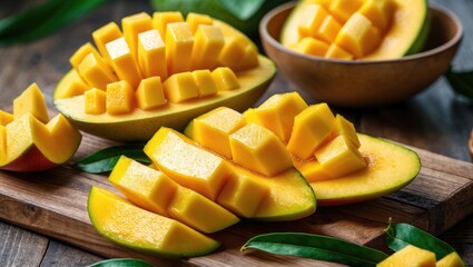 Poster - Freshly sliced ripe mangoes arranged on wooden surface with green leaves and a wooden bowl in background.