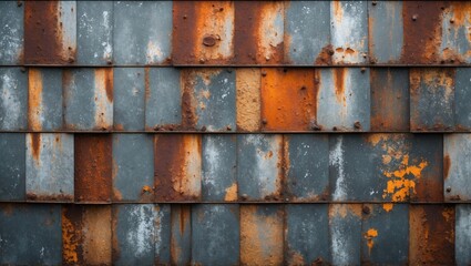 Poster - Rusty metal shingles wall texture with orange and gray weathered patina and corrosion background