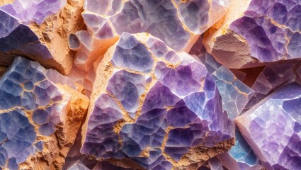 Poster - Colorful translucent purple and blue crystals with textured surfaces and earthy tones close-up background