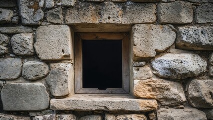 Poster - Stone wall with wooden framed window in rustic texture and dark interior background, emphasizing ancient architecture and durability