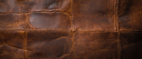 Poster - Brown textured leather background with visible creases and stitching details suitable for print and design projects.
