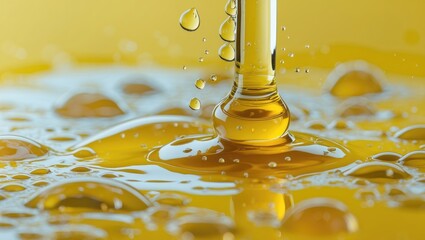 Poster - Close-up view of oil droplets on a surface with a dripping straw, showcasing liquid dynamics and textures in a yellow background.