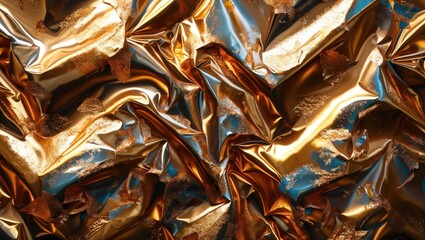 Poster - Textured metallic foil background in gold and blue with crumpled surface detail and scattered particles
