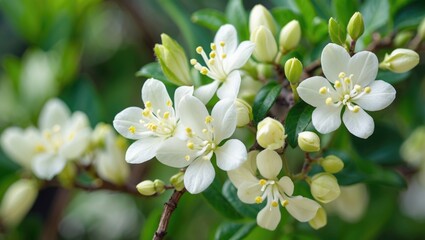 Poster - White flowering plant with clusters of delicate blossoms and green leaves in a natural setting.