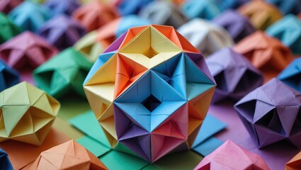 Poster - Colorful origami geometric shapes arranged in a vibrant pattern with a focus on a 3D origami structure in the center.