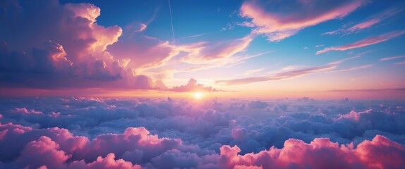 Poster - Colorful sunset above clouds with vibrant hues of pink, orange, and blue in the sky, atmospheric view for backgrounds and wallpapers