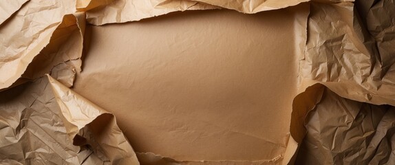 Poster - Crumbled brown craft paper surrounding a smooth beige surface creating a textured background for design purposes.