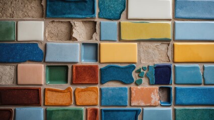 Poster - Colorful mosaic wall tiles arranged in an artistic pattern reflecting various shapes and textures in different colors.