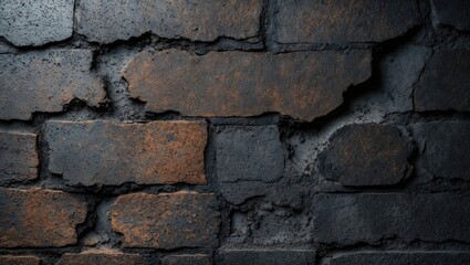 Poster - Textured dark brick wall with patches of rust and weathered appearance, close-up view highlighting surface details and color variation.