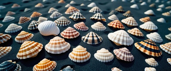 Poster - Variety of colorful seashells arranged on dark sandy beach surface in a natural setting