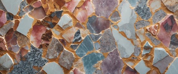 Poster - Colorful mosaic of various stone fragments arranged in an abstract pattern with gold grout filling the gaps between pieces.