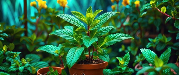 Poster - Fresh mint plant in a terracotta pot surrounded by other plants in a lush green garden setting.