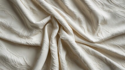 Poster - Textured white fabric with intricate patterns draped elegantly, creating soft folds and shadows.