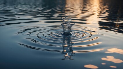 Wall Mural - Water splash creating ripples on a calm surface with reflections of light and shadows in a natural outdoor setting.