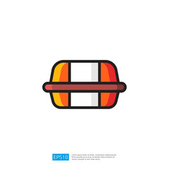 Poster - Colorful Graphic Icon of a Round Container for Food with Stylized Red and Yellow Design on a White Background