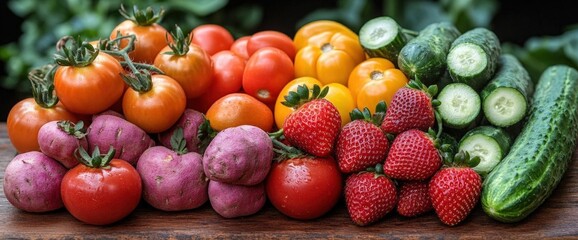 Sticker - Colorful assortment of fresh vegetables and fruits on a wooden table