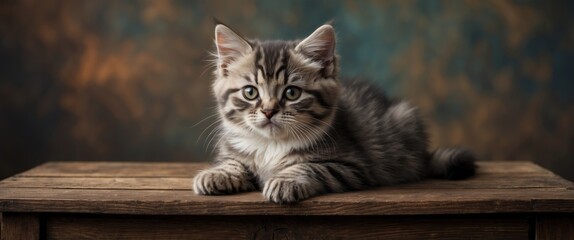 Cute fluffy gray kitten with striking eyes resting on a rustic wooden surface with a softly blurred colorful background