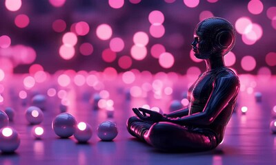 Wall Mural - ai meditating in a pink light sphere field