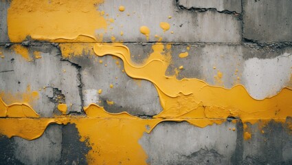 Poster - textured concrete wall with vibrant yellow paint drips creating an abstract background for artistic 