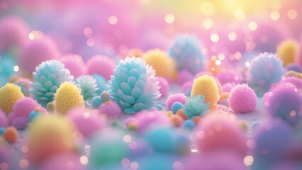 Poster - Pastel bokeh landscape with abstract flora in soft colors creating a dreamy, serene atmosphere perfect for backgrounds or artistic projects.