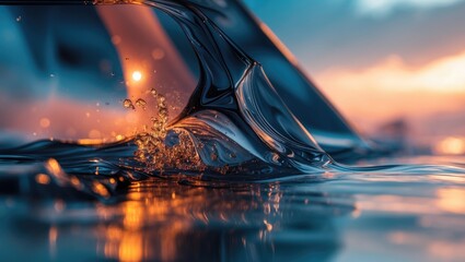 Poster - dynamic water splash with abstract reflections and soft bokeh background in warm sunset tones creati