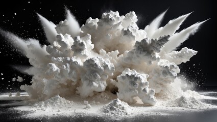 Poster - Dynamic explosion of white powder on a dramatic black background showcasing texture and movement in abstract form