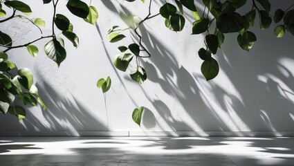 Poster - Elegant interplay of green leaves casting intricate shadows on a minimalist white wall creating a serene and artistic abstract composition.