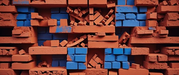 Poster - Textured abstract pattern of mixed red and blue clay bricks in a layered composition creating visual depth and interest.