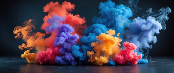 Poster - Colorful smoke clouds in vibrant hues against a dark background creating an abstract artistic composition for visual design projects.